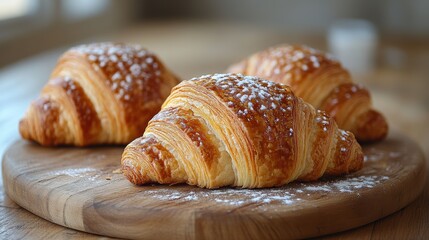 Freshly baked croissants on a wooden table create a cozy morning atmosphere in a warm kitchen