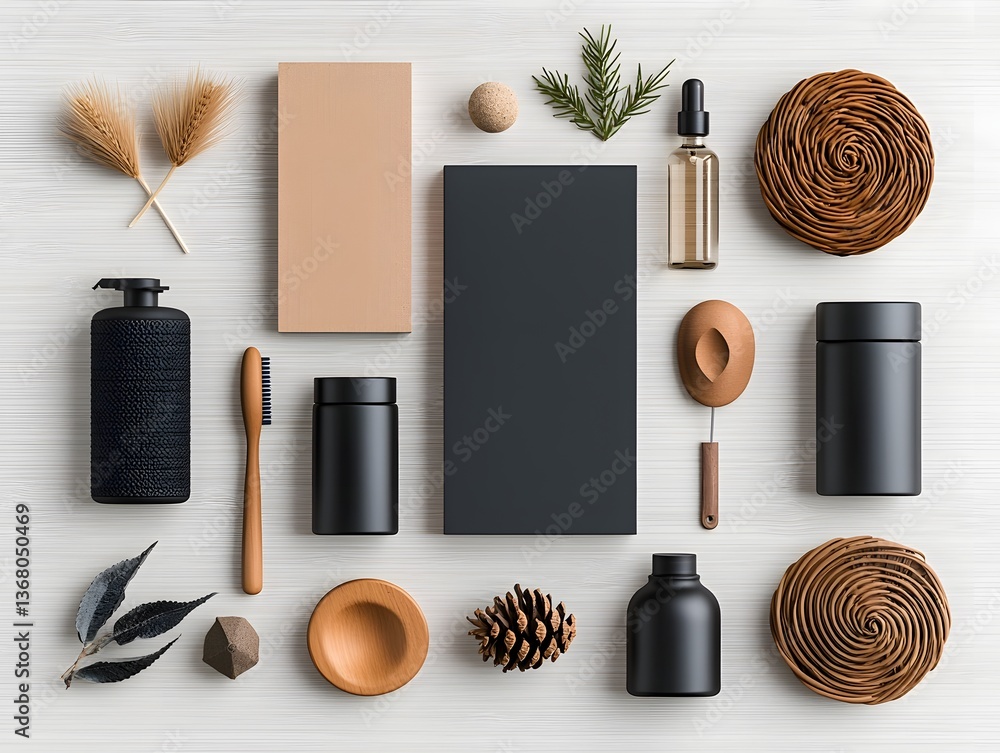 Poster flat lay highlighting an assortment of storage containers in various materials and forms including c