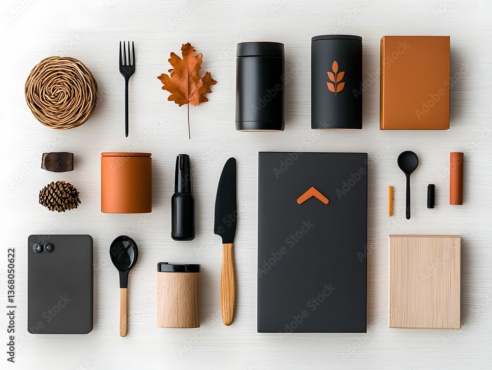 Poster flat lay of an assortment of storage containers including cardboard wicker and metal pieces neatly a