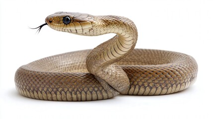 Naklejka premium A poised Eastern Brown Snake coiled against a white background, its forked tongue flickering.