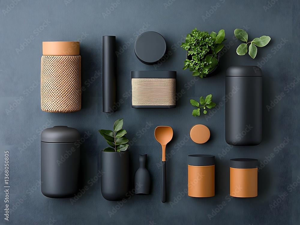 Poster flat lay of various storage containers in different shapes and sizes featuring cardboard wicker and 