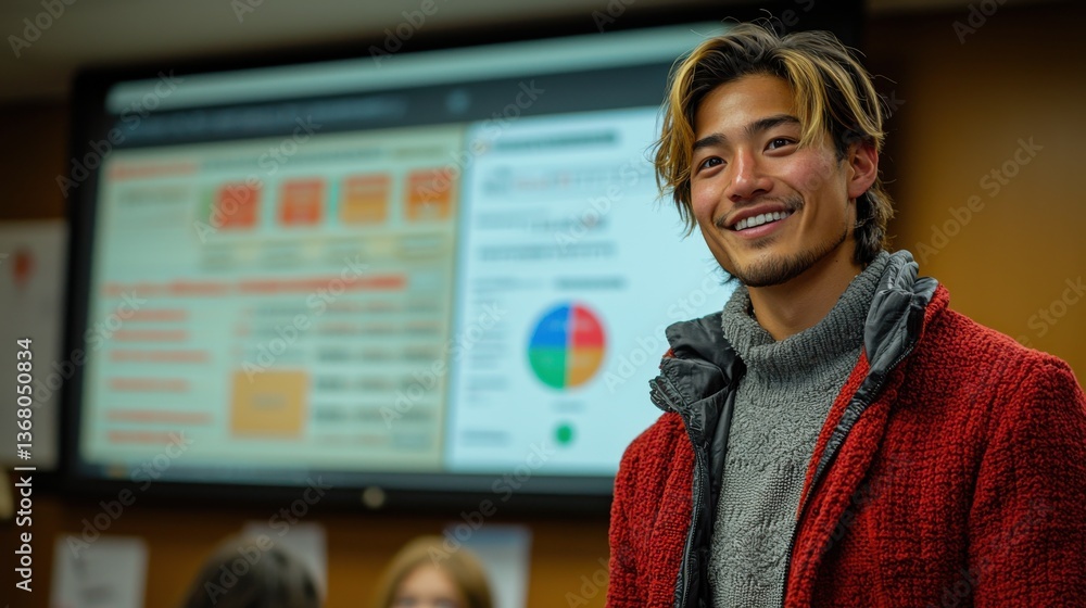 Poster a man in a red jacket stands in front of a large monitor