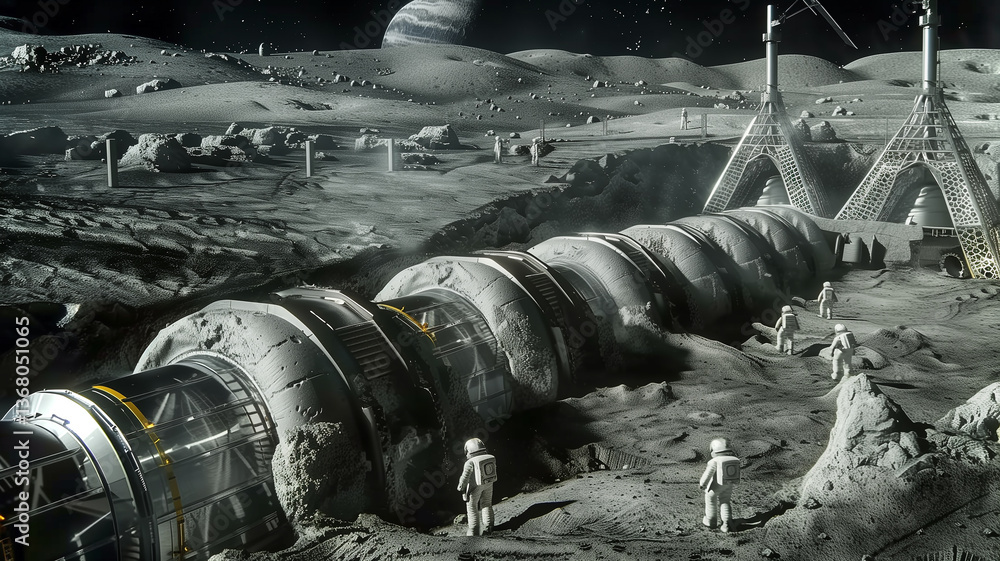 Poster This Astronauts conduct regolith extraction and processing near a refinery on the lunar landscape.