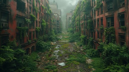 Deserted post-apocalyptic city with overgrown buildings and abandoned streets in eerie silence