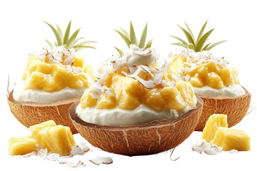 Tropical Delight: Creamy coconut shells brimming with sweet pineapple and toasted coconut flakes, a vibrant summer treat.