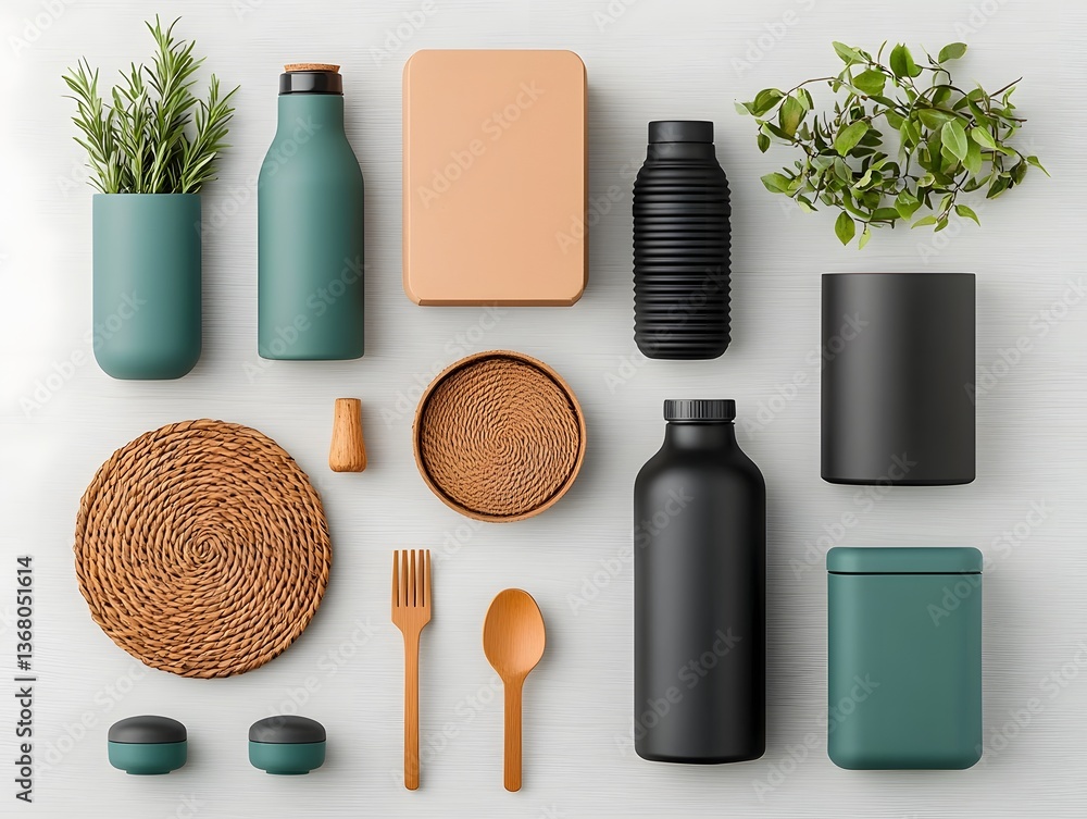 Poster flatlay of various muted tone containers and organizers in natural materials like wicker cardboard a