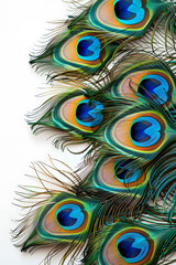 Obraz premium peacock feather illustration, peacock feathers cascade gracefully, blending vibrant hues from top to base against a seamless white backdrop, enhancing their natural allure