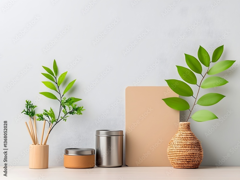 Poster harmonious arrangement of various storage containers and home decor items including corrugated cardb