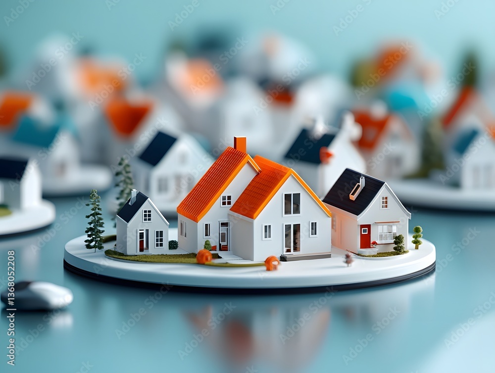Poster idealized suburban landscape featuring a collection of pristine white homes with one vibrant orange 