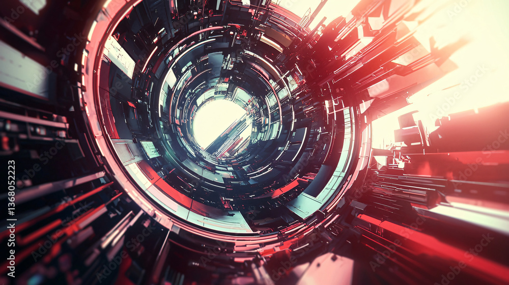 Poster futuristic cityscape featuring a circular window and dynamic flow of colors and shapes layered in an