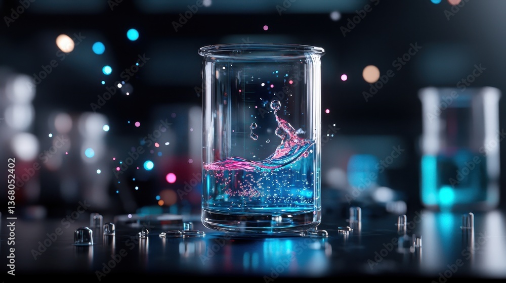 Poster futuristic laboratory scene with colorful transparent glassware and dynamic liquid motion in a high-