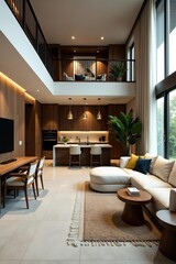 Fototapeta premium Stylish open-plan living area with sleek finishes and cozy ambiance, plants, home