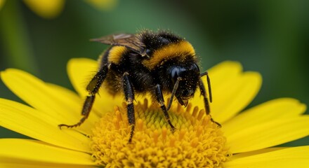 Close-up of a bumblebee collecting pollen from a vibrant yellow flower