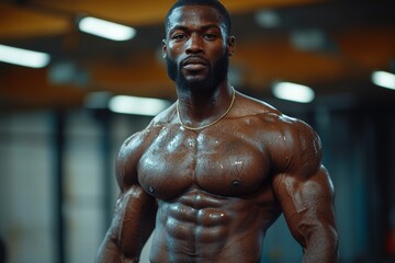 Fototapeta premium Bodybuilder showcasing impressive physique under bright gym lights with glistening sweat and prominent veins
