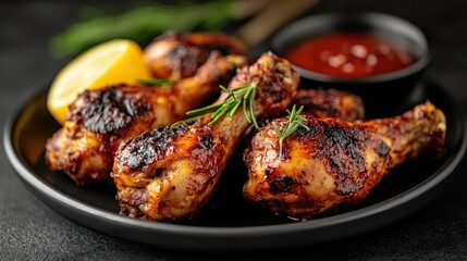 Featuring crispy chicken drumsticks arranged beautifully with a rich dipping sauce and lemon, this image inspires cravings and the joy of delicious comfort food.