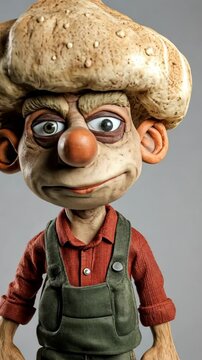 Unique clay character model with mushroom-inspired hairstyle and expressive features created for animation projects