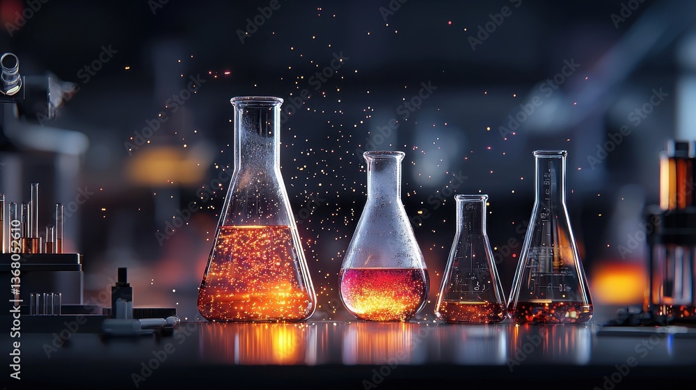 Poster brightly glowing laboratory environment with chemical solutions and experimentation tools in action