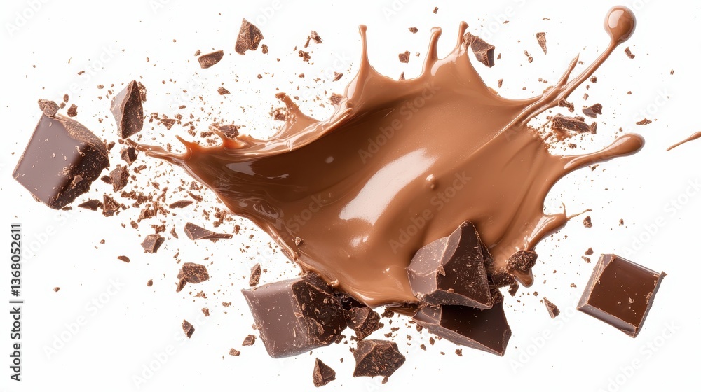 Poster this visually stunning image captures a rich chocolate explosion effect with scattered chunks, ideal