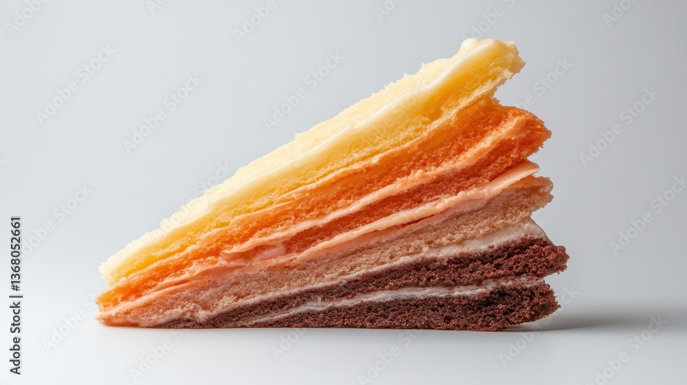 Poster a vibrant layered cake with an array of colors stacked neatly, presenting a visually appealing desse