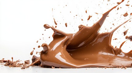 A stunning image showcasing the dynamic splash of rich chocolate, accentuated by meticulous layers of texture and chunky pieces, perfect for dessert art or branding.