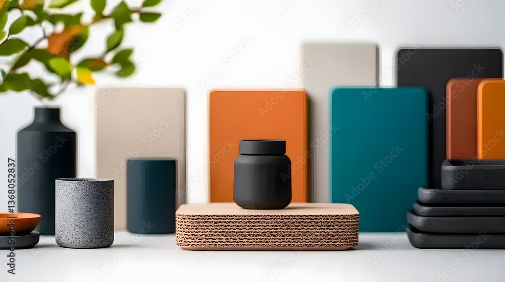 Poster meticulously arranged display of various storage containers made of cardboard wicker and metal compo