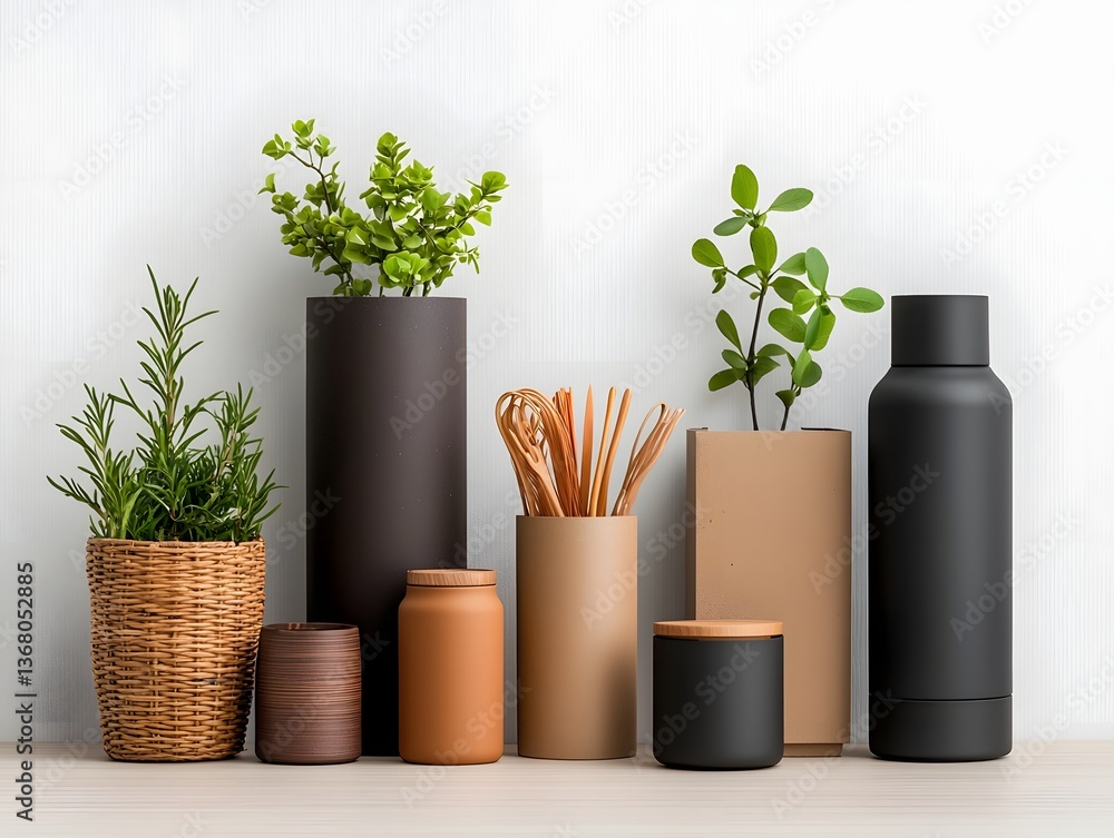 Poster meticulously arranged flat lay composition featuring an array of storage containers in various mater