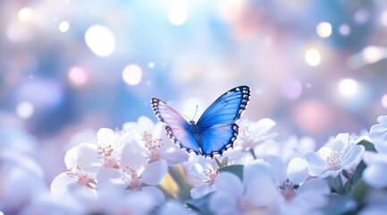 Blue Butterfly on White Flowers in Dreamy Bokeh Light