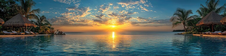 Fototapeta premium An amazing tropical sunset over ocean water near luxurious resort
