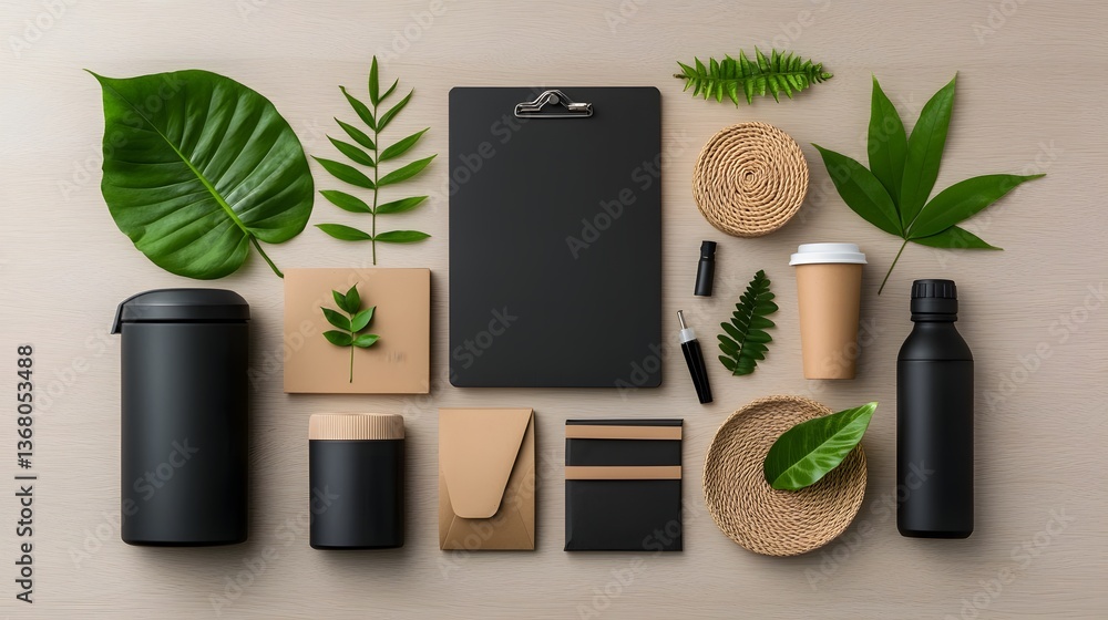 Poster meticulously arranged flat lay featuring an assortment of storage solutions in various natural mater