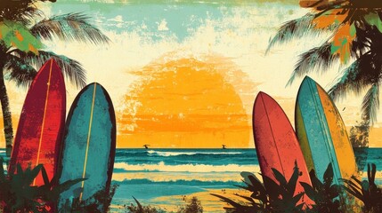 Vintage Surfboards at Sunset Beach Scene