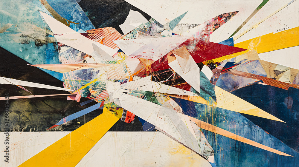 Aufkleber art piece with many different colors featuring a dynamic interplay between fragmented forms and geom