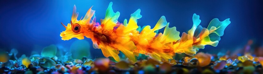 Vibrant, leafy sea dragon swims amidst colorful ocean floor