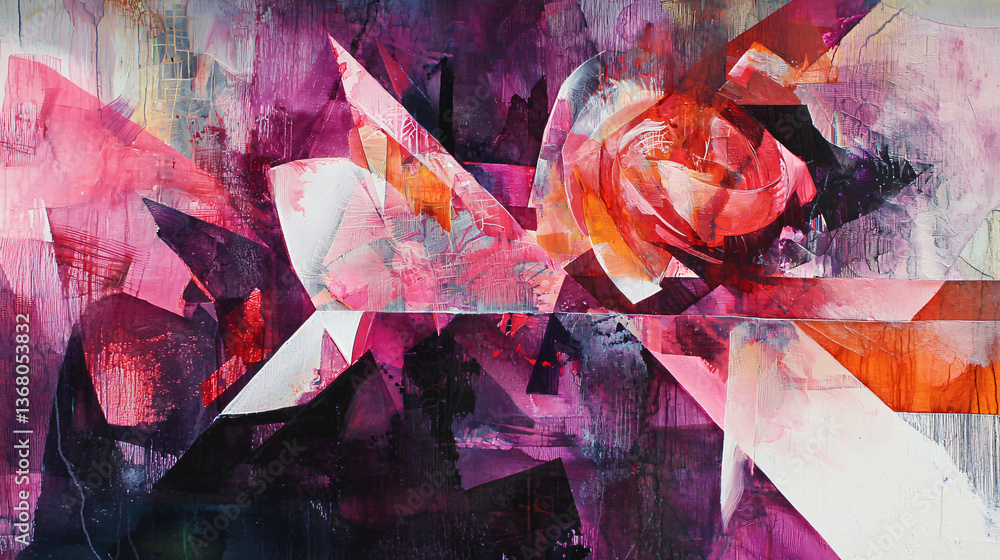 Aufkleber painting featuring a flower with a dynamic interplay between fragmented forms and geometric shapes e