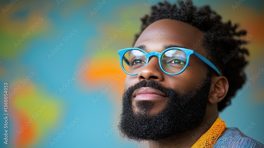 Poster a man with a beard and glasses is looking at the camera