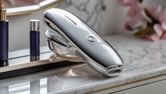 Sleek handheld device on a marble vanity surface showcasing modern design and functionality