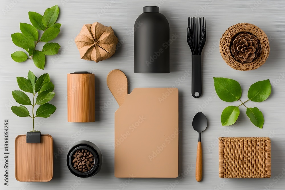 Poster meticulously arranged flat lay showcasing an array of stylish storage containers from rustic cardboa