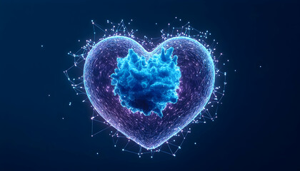 Glowing heart-shaped cell structure with a vibrant blue core