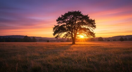 Fototapeta premium Majestic sunset over a vast field with a lone tree silhouetted against vibrant skies
