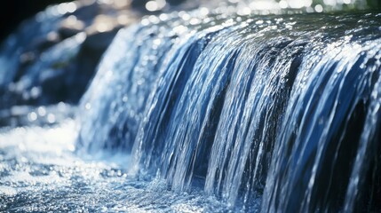 Cascading stream, nature, rocks, sunlight, flowing water, peaceful scene, background blur, ideal for relaxation