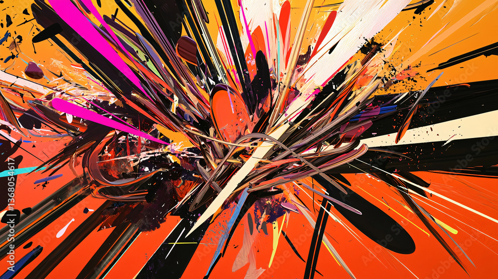 Poster vibrant colorful explosion of paint captured in a dynamic mix of bold lines and chaotic fragments ar