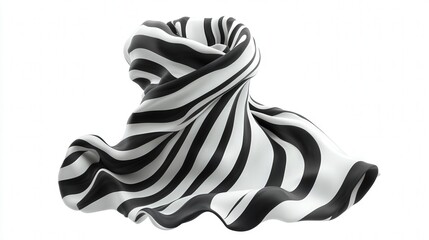 A dynamic black and white striped fabric appears to float gracefully, creating a striking abstract composition.