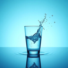 Crystal Clear Water Splash in Glass with Droplets Frozen in Motion – Refreshing Hydration Concept, Purity, Freshness, and Clean Drinking Water on a Reflective Surface with Blue Background