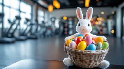 Easter bunny with Easter eggs sitting on a bench in the gym, Easter offer fitness center