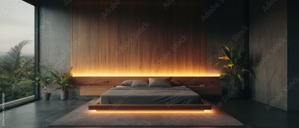 Aufkleber minimalist urban sanctuary illuminated platform bed design showcasing biophilic architecture with wa
