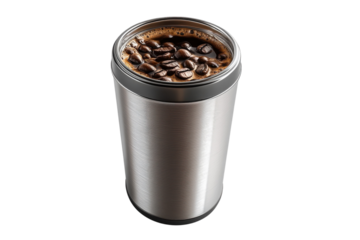 A rich, dark brew ready to energize your day, nestled in a sleek, brushed-metal travel mug with dark coffee and beans.