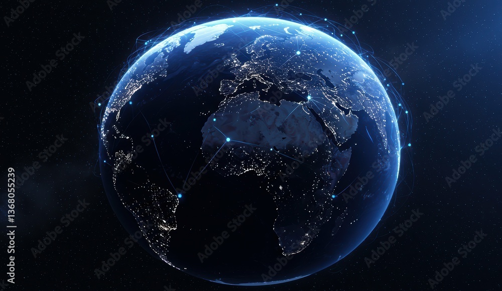 Poster visual representation of earth from space showing bright lights and connections across continents fo