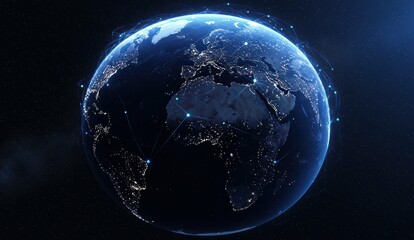 Obraz premium Visual representation of Earth from space showing bright lights and connections across continents focused on technology.