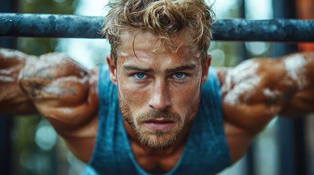 Calisthenics workout on parallel bars in an urban setting with intense focus and toned muscles