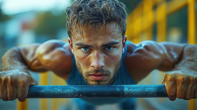 Intense street workout by man on parallel bars in urban setting focusing on calisthenics strength training