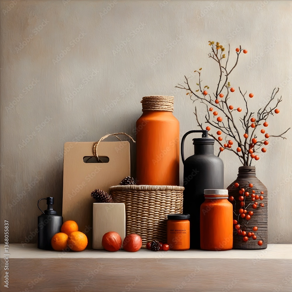 Poster meticulously organized display of a harmonious and functional arrangement of various storage contain